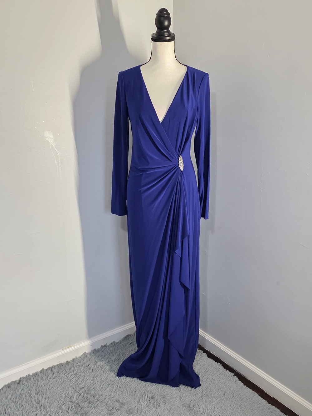 Lauren Ralph Lauren Royal Blue Long Sleeve Draped Evening Gown
